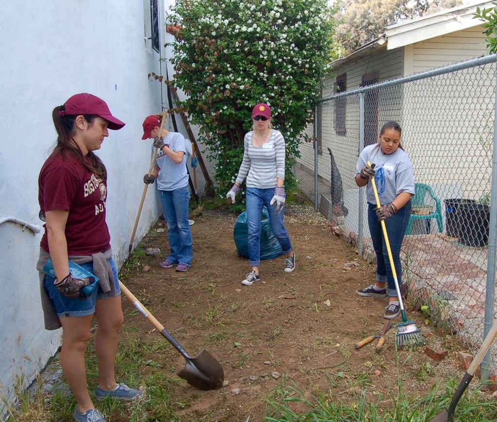 Weed whackers, from left: Katrina Vasquez '10, Erin Buss '09, a friend, and a high school student.
