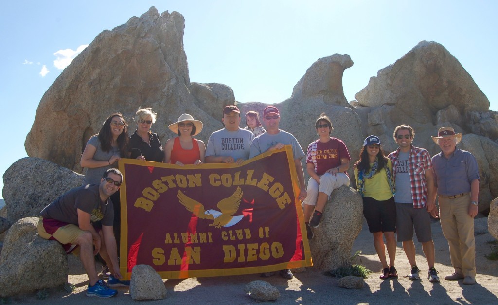 BC alumni and friends at Eagle Rock, Warner Springs. L-R: Mike Ross '09, Marissa Robles, Rebecca Scease Reid '96, Lissa Herrick Tsu '00, Brian Tsu '00, Margot Tsu, Ray Berube '78, Mary Farrell Berube '80, Janet Rodriguez, Kevin Smosky '00, Bill McDonald '68.