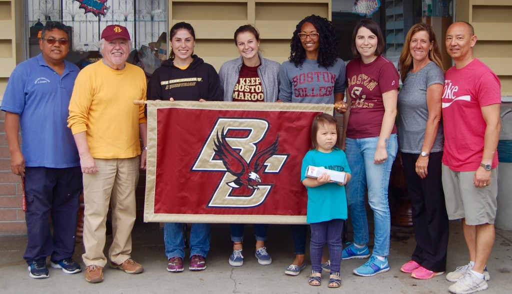 L-R: Jose Luis Zuniga (custodian at Our Lady’s School), Bill McDonald ’68, Julia Scobbo ’11, Rory O’Donnell ’15, Josie Campese ’02, Lissa Tsu ’00, Carol West ’84, Jim West ’84, and, in front, Margot Tsu.