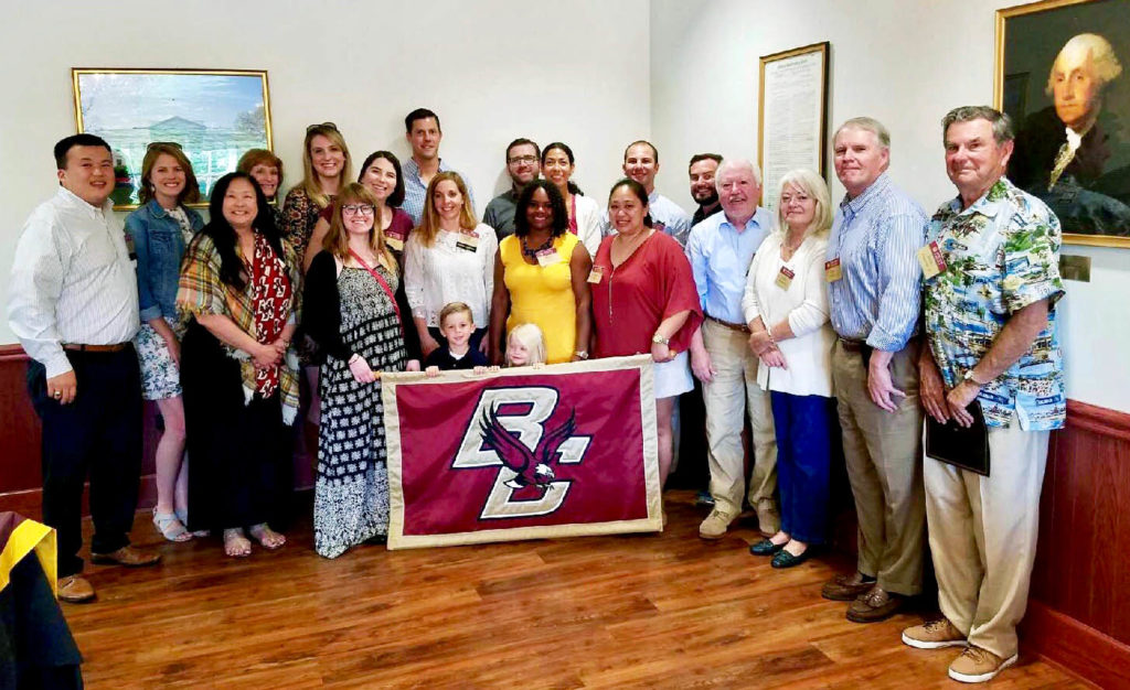 L-R: Brian Tsu '00, Allison ___ 'XX, Wendy Fai Roos '85 P'16, Mary-___ MSW'77, ___ 'XX, Anne Korn___ 'XX, Lissa Tsu '00, Michael Capenter 'XX, Erin Carpenter '02, ____ 'XX, Natalie _____ 'XX, ______ '99, Leslie Tsai '99, Zeke Amati 'XX, Kevin Smoskey 'XX, Bill McDonald '69, Sandy ___ '75, Jim ____ '75, Pierre Godefroy '56, George Washington Ex'75