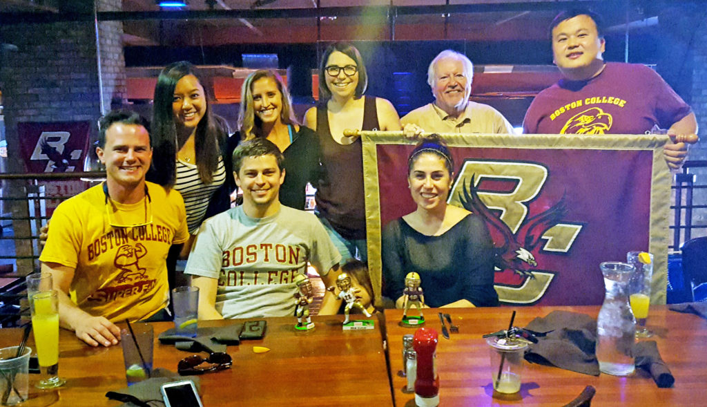 A small, but hardy, crew at Saturday's gamewatch. Front, l-r: Pat Ahern '11, Chris Lamb MS'08, and Julia Leone '11. Rear, l-r: Adrienne Lamb, Meryl Evangelista, Lissa Tsu '00, Bill McDonald '68, and Brian Tsu '00.